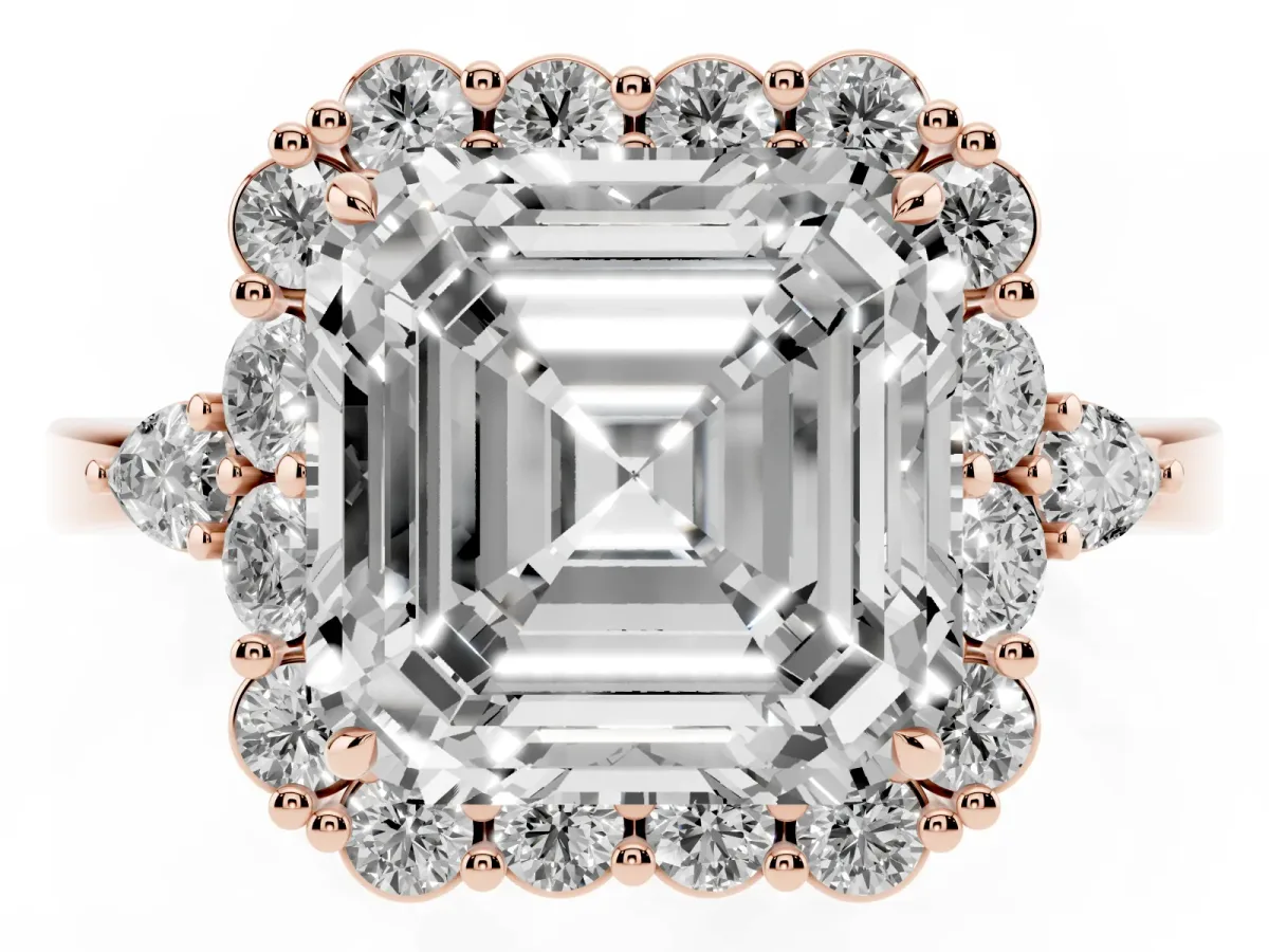 Asscher Cut Diamond Halo Ring with Pear Side Stones and Prong Setting Rose gold