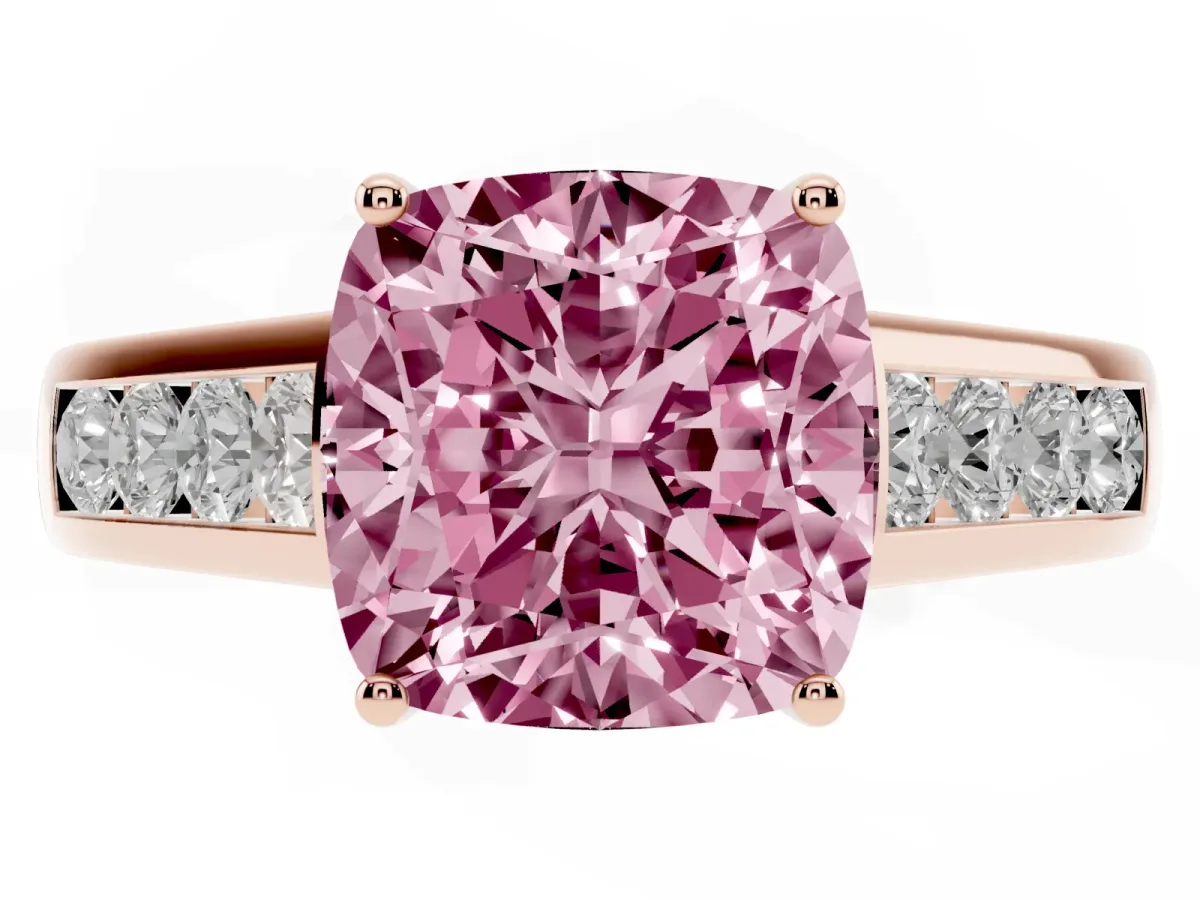 Fancy Pink Cushion Cut Brilliant Channel-Set Solitaire Ring with Four-Prong Setting Rose gold