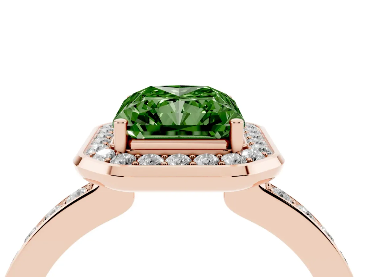Fancy Green Radiant Cut Diamond Halo Ring with Bezel Frame and Pavé Band Rose gold
