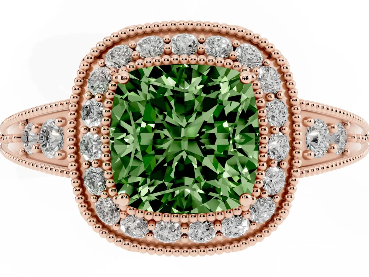 Fancy Green Cushion Cut Halo Diamond Split Shank Ring with Milgrain Detail Rose gold