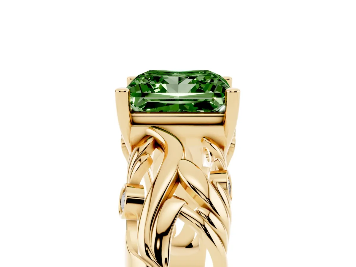 Fancy Green Princess Cut Solitaire Diamond Leaf-Inspired Vine Band Ring with Prong Setting Yellow gold