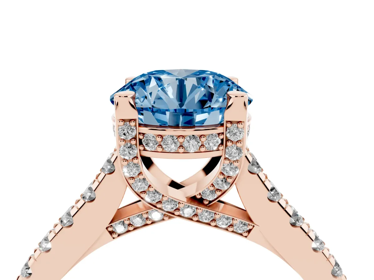 Fancy Blue Round Cut Brilliant Diamond Solitaire with Pavé Band and Four-Prong Setting Rose gold