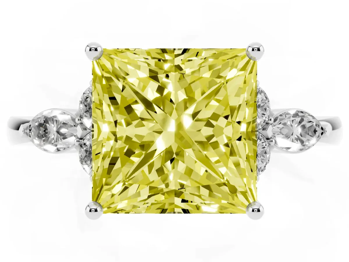 Fancy Yellow Princess Cut Brilliant Diamond Solitaire Ring with Pear Side Stones and Four-Prong Setting Silver