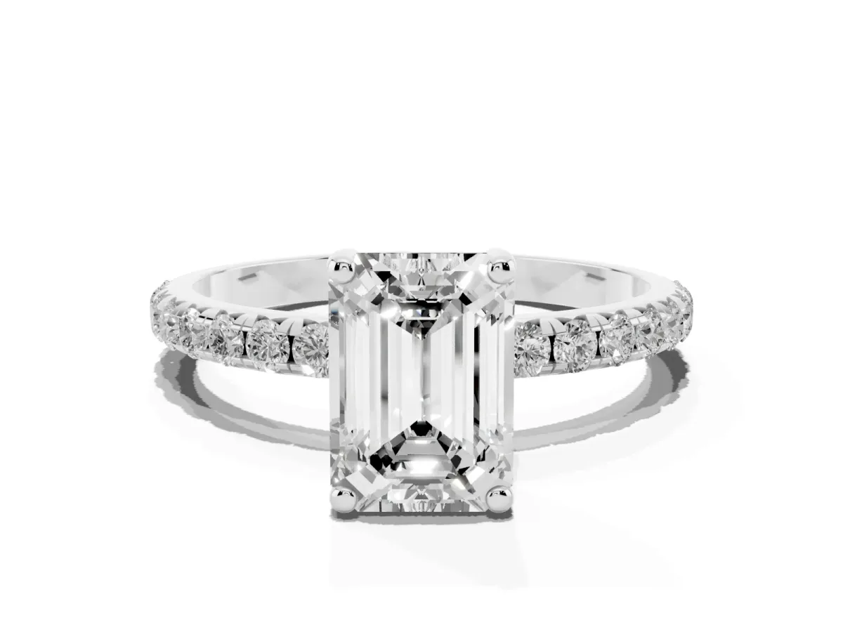 Emerald Cut Cut Diamond Solitaire Ring with Micro Pave Band and Four Prong Setting Silver