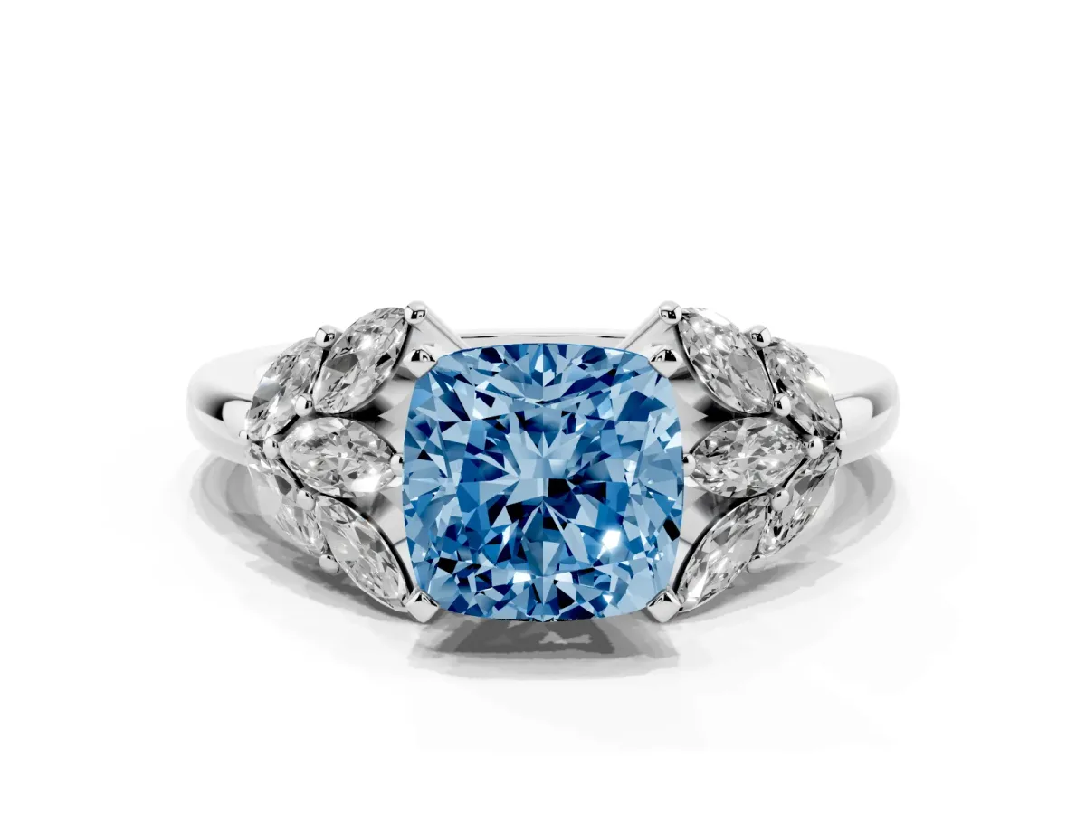 Fancy Blue Cushion Cut Diamond Cluster Leaf Design Ring with Prong Setting Silver