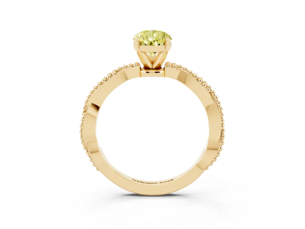 Fancy Yellow Pear Cut Solitaire Twisted Band with Bead Prong Setting Yellow gold