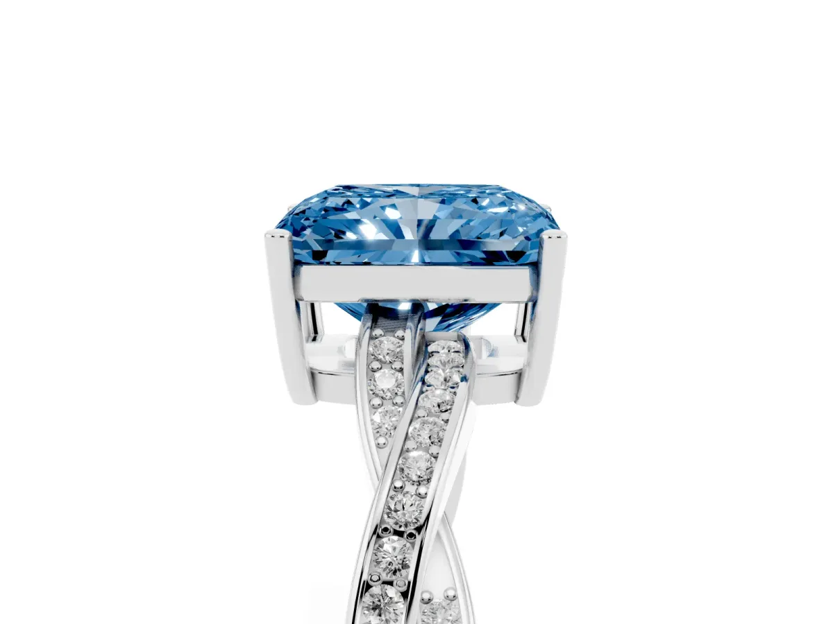 Fancy Blue Radiant Cut Solitaire Twisted Pave Diamond Ring with Four-Prong Setting Silver