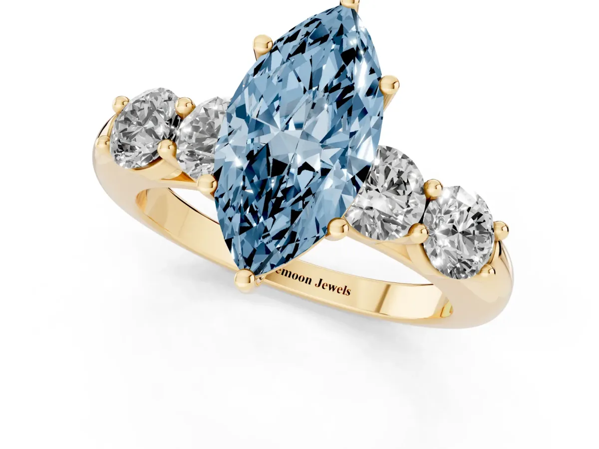 Fancy Blue Marquise Cut Cut Five-Stone Prong Set Diamond Ring with Classic Band Yellow gold