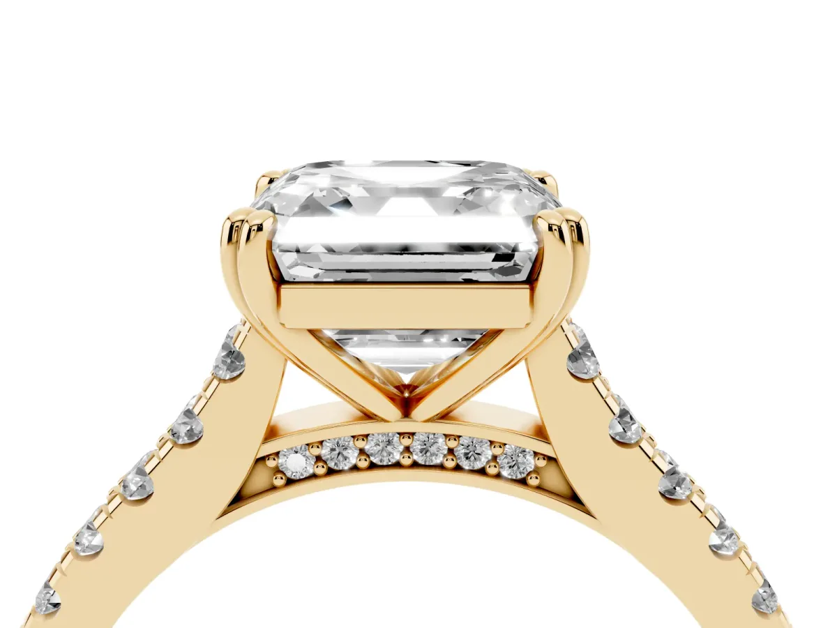 Asscher Cut Solitaire Pave Diamond Engagement Ring with Prong Setting Yellow gold