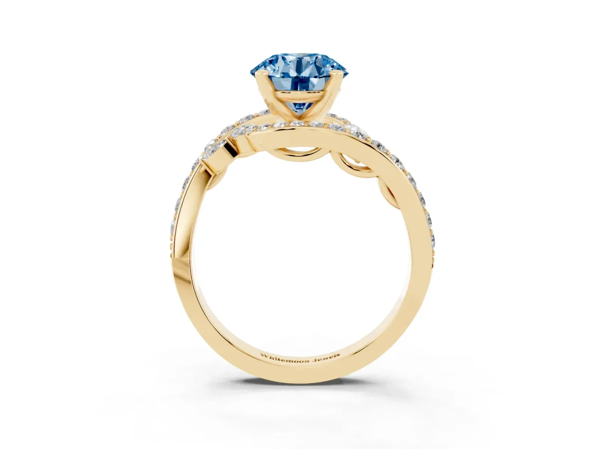 Fancy Blue Round Cut Solitaire with Pavé Twist Band and Four-Prong Setting Yellow gold