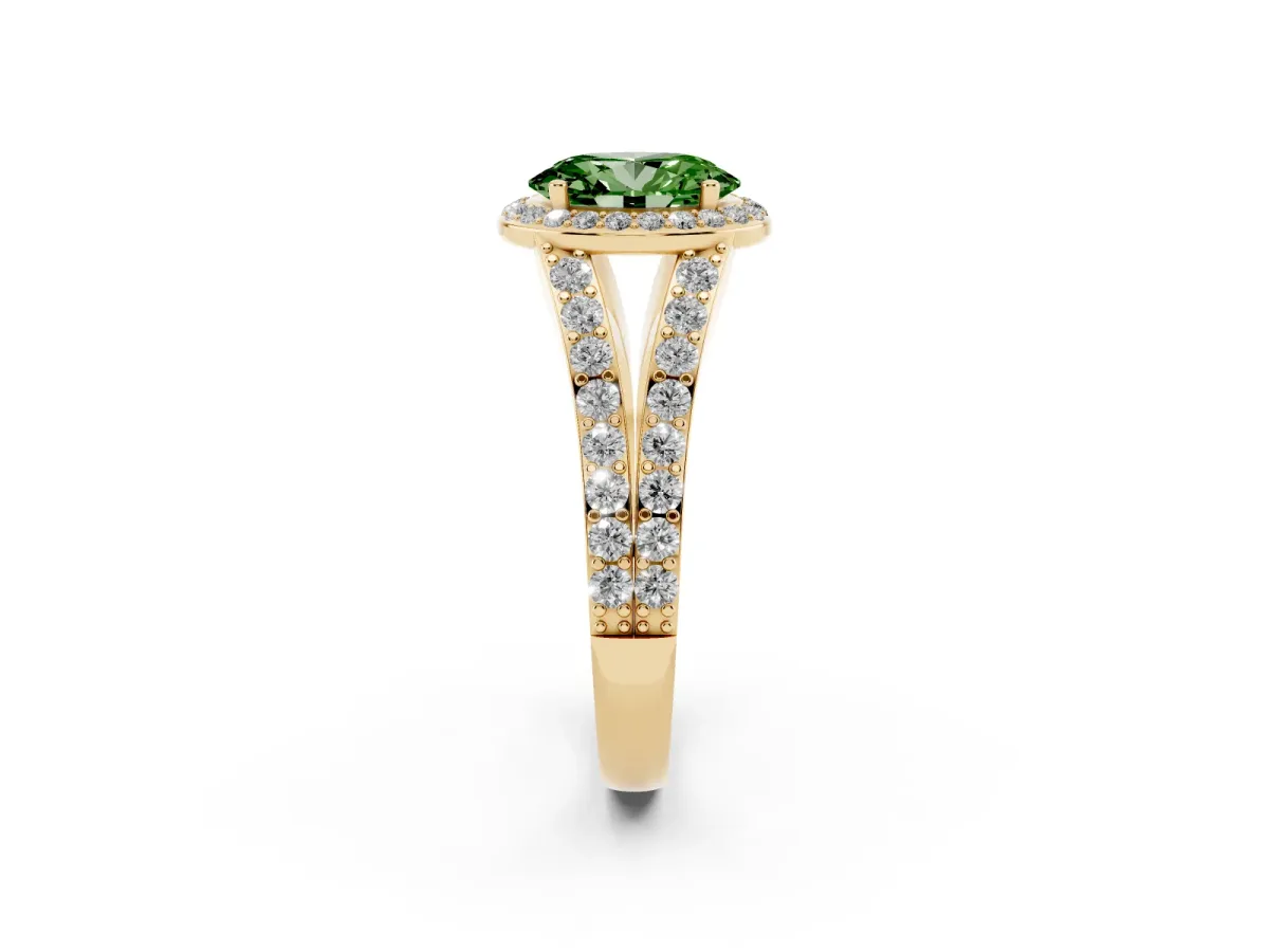Fancy Green Oval Cut Diamond Split Shank Halo Ring with Four-Prong Setting Yellow gold