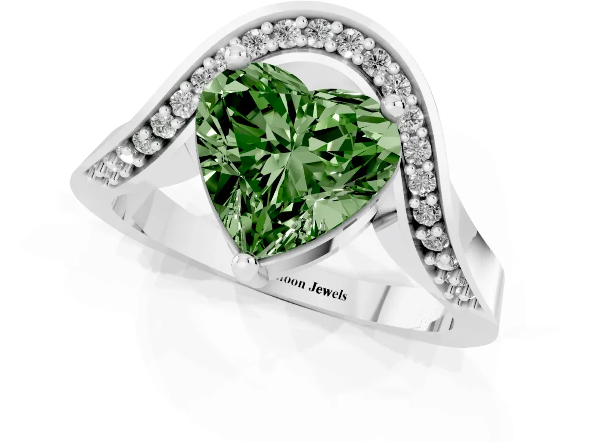 Fancy Green Heart Cut Solitaire Diamond Engagement Ring with Pave Band and Four-Prong Setting Platinum