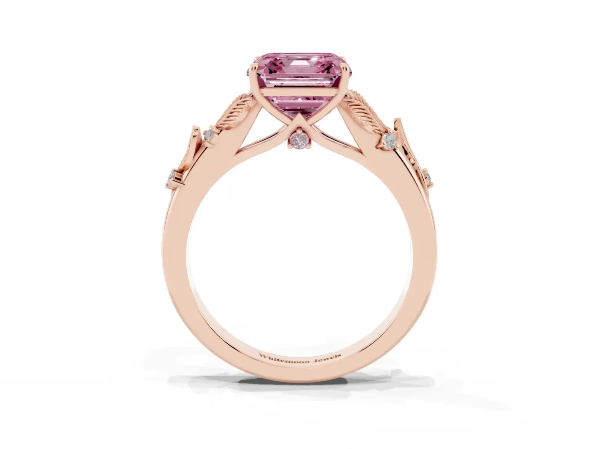 Fancy Pink Asscher Cut Diamond Solitaire Ring with Leaf Motif Band and Four-Prong Setting Rose gold