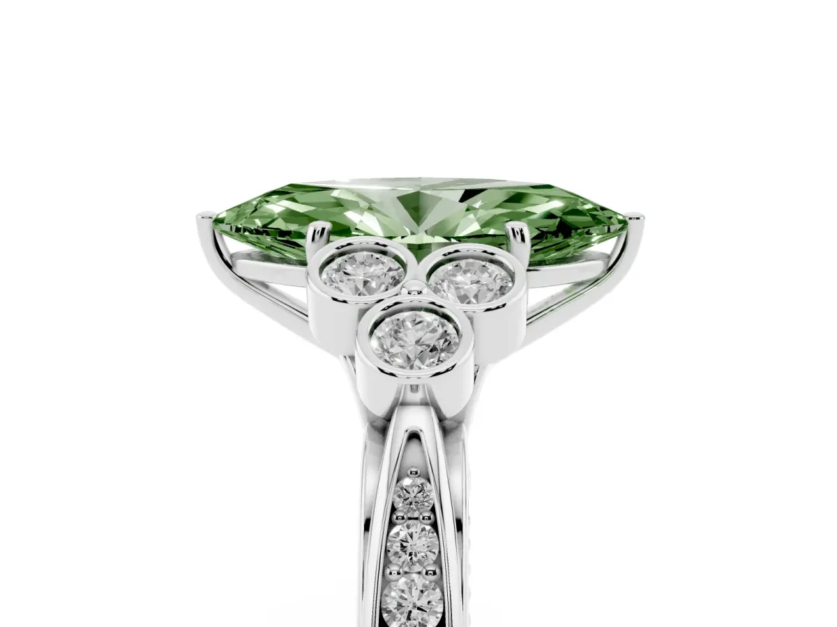 Fancy Green Marquise Cut Cut Diamond Engagement Ring with Bezel Set Round Side Stones and Prong Setting Silver