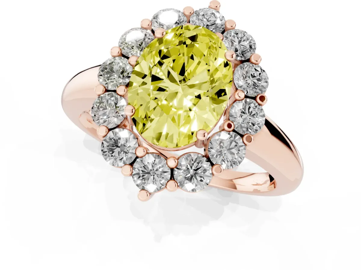 Fancy Yellow Oval Cut Halo Cluster Diamond Engagement Ring with Prong Setting and Polished Band Rose gold