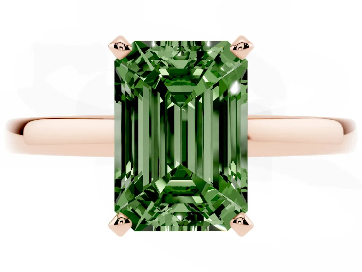 Fancy Green Emerald Cut Solitaire Diamond Engagement Ring with Four-Prong Setting on a Classic Band Rose gold