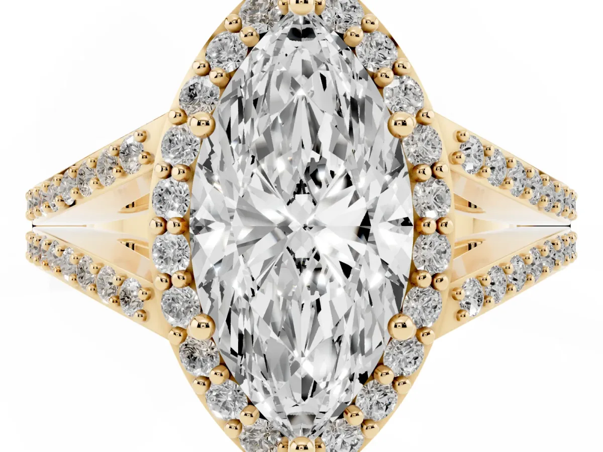 Marquise Cut Halo Split Shank Diamond Ring with Prong Setting Yellow gold