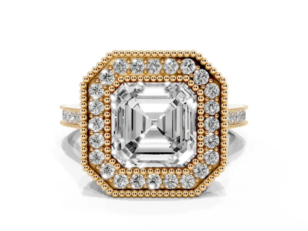 Asscher Cut Diamond Halo Ring with Milgrain Frame and Pavé Band Yellow gold