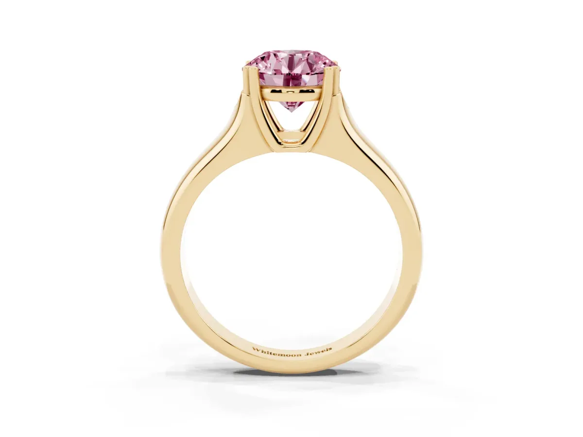 Fancy Pink Round Cut Diamond Solitaire Ring with Wide Band and Prong Setting Yellow gold