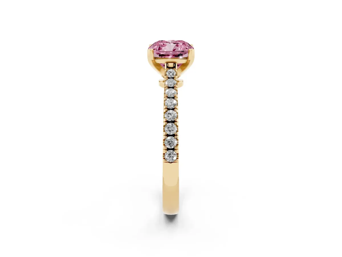 Fancy Pink Cushion Cut Cut Solitaire Diamond Engagement Ring with Pave Band and Four-Prong Setting Yellow gold