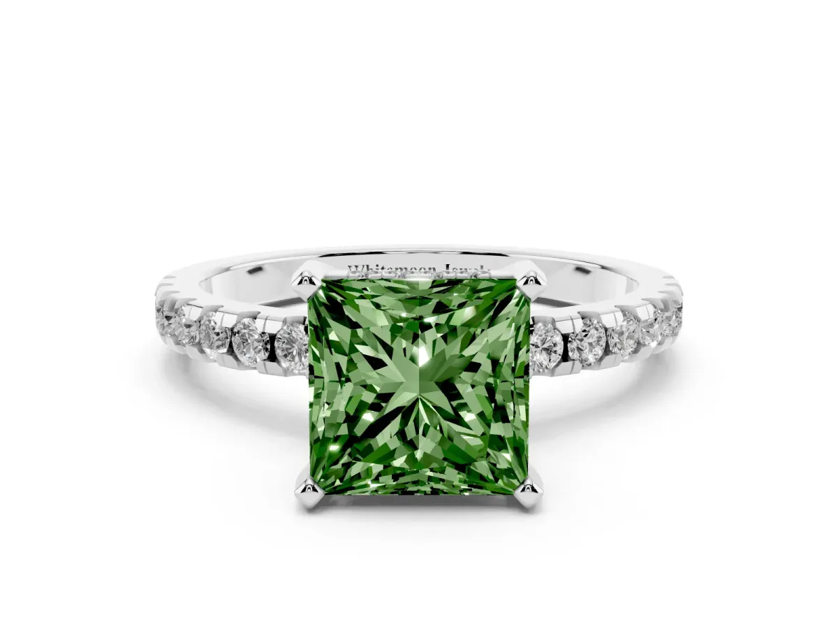 Fancy Green Princess Cut Diamond Solitaire Ring with Round Pavé Band and Four-Prong Setting Silver
