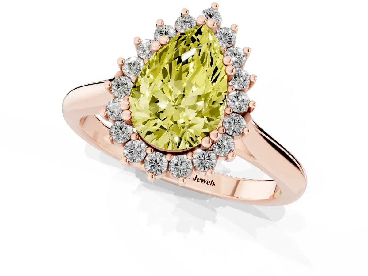 Fancy Yellow Pear Cut Cut Diamond Halo Ring with Solitaire Band and Prong Setting Rose gold