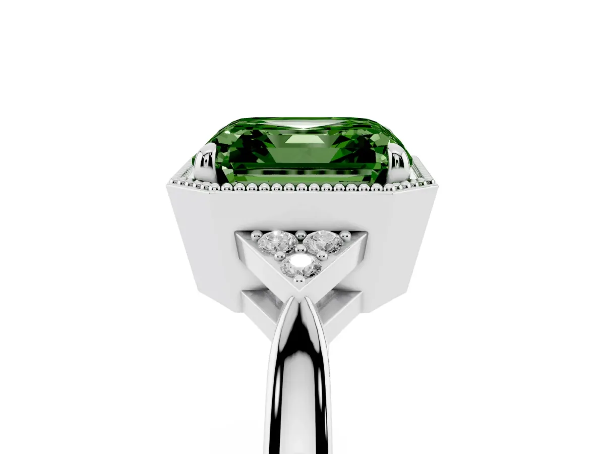 Fancy Green Asscher Cut Diamond Halo Ring with Tapered Band and Four-Prong Setting White gold