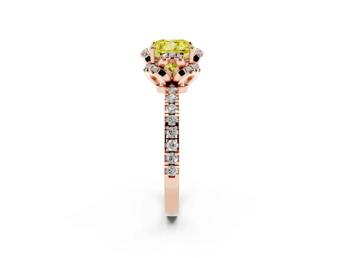 Fancy Yellow Cushion Cut Halo Diamond Pave Band Ring with Four-Prong Setting Rose gold