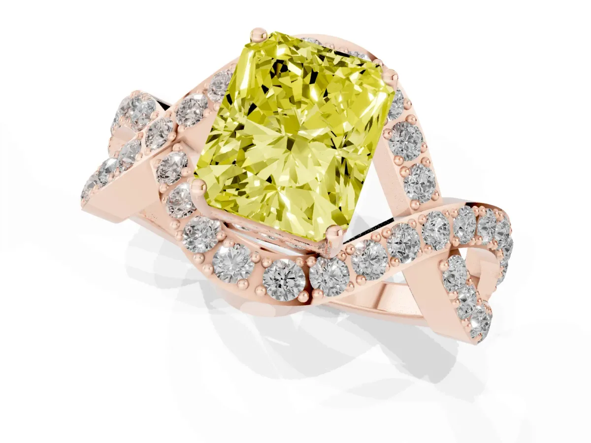 Fancy Yellow Radiant Cut Solitaire Twist Band Pavé Diamond Engagement Ring Rose gold