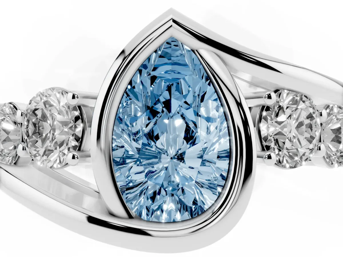 Fancy Blue Bezel Set Pear Cut Diamond Bypass Ring with Round Accents Platinum