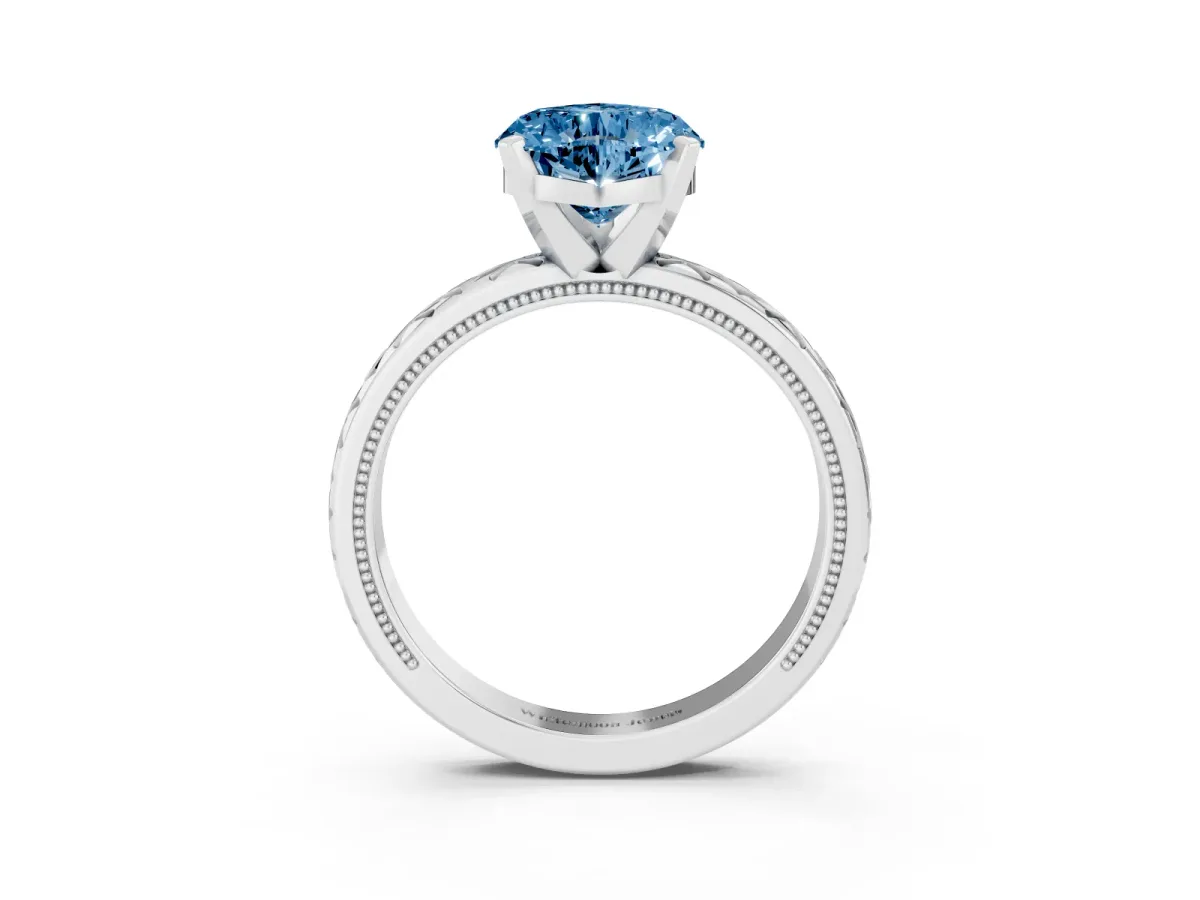 Fancy Blue Heart Cut Solitaire Diamond Ring with Milgrain and Black Enamel X Pattern Band Silver