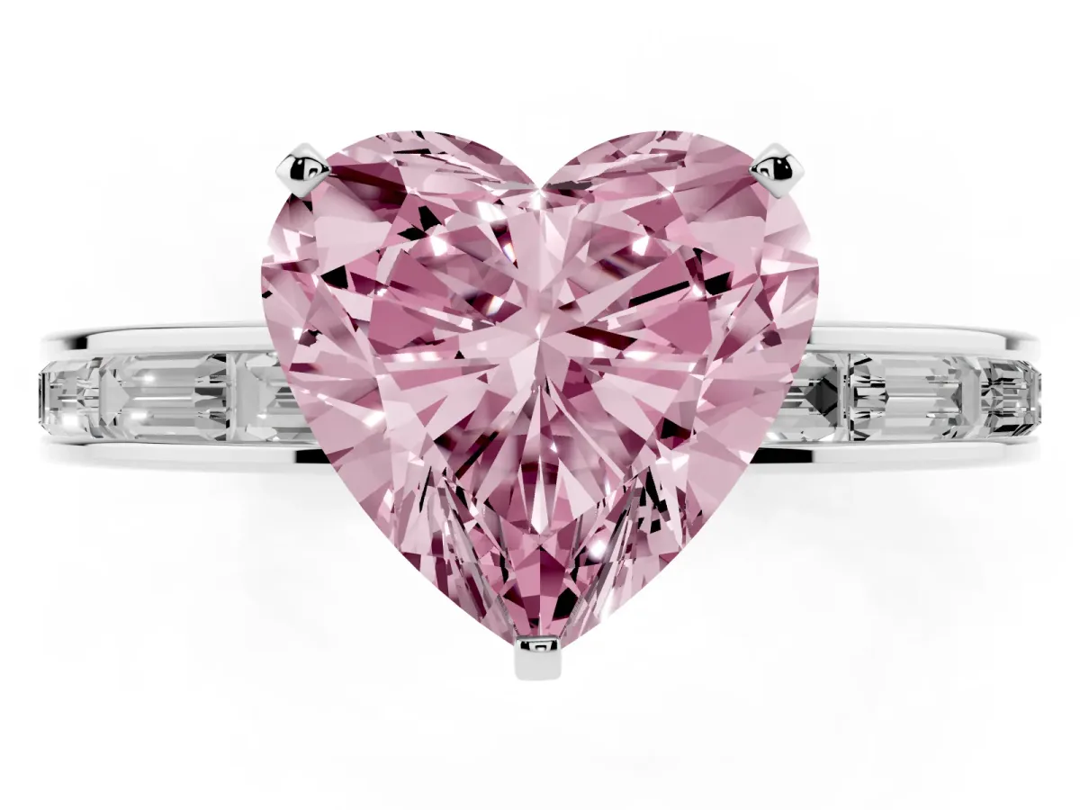 Fancy Pink Heart Cut Solitaire Diamond Ring with Channel-Set Baguette Band and Four-Prong Setting Platinum