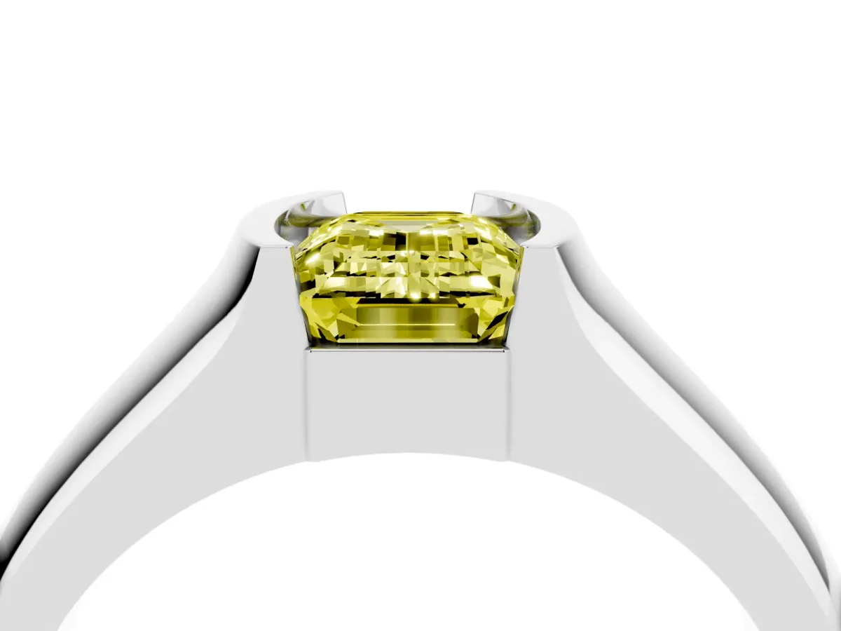 Fancy Yellow Emerald Cut Solitaire Bezel Set Diamond Ring with Wide Band Platinum