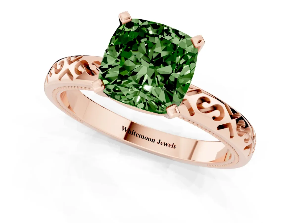 Fancy Green Cushion Cut Solitaire Engagement Ring with Scrollwork Band and Four-Prong Setting Rose gold