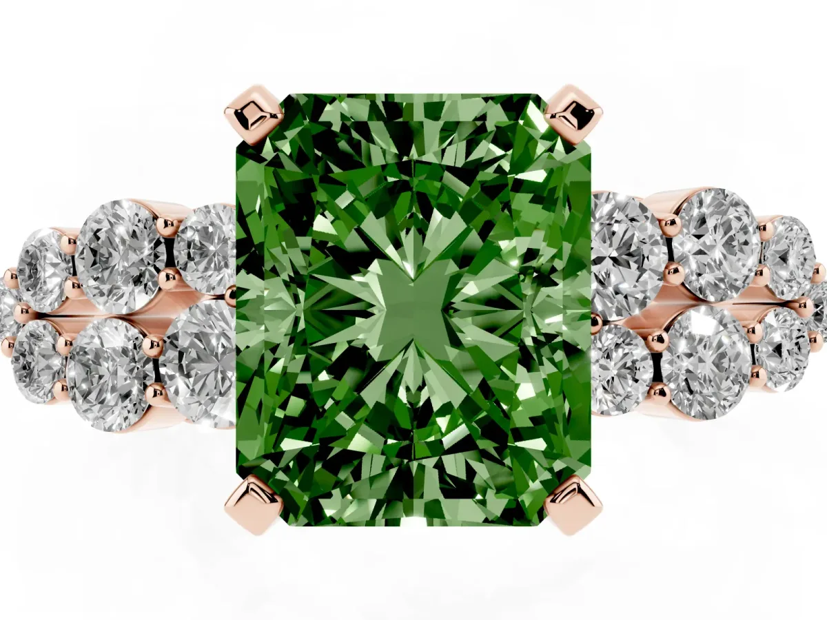 Fancy Green Radiant Cut Cluster Diamond Engagement Ring with Pavé Band and Four-Prong Setting Rose gold