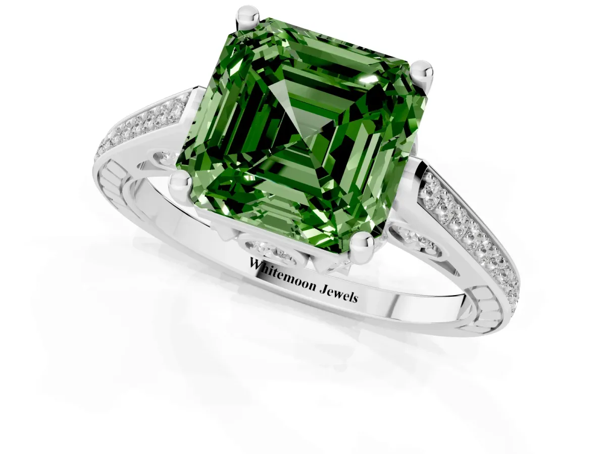 Fancy Green Asscher Cut Cut Cathedral Pave Diamond Engagement Ring with Six-Prong Setting Silver
