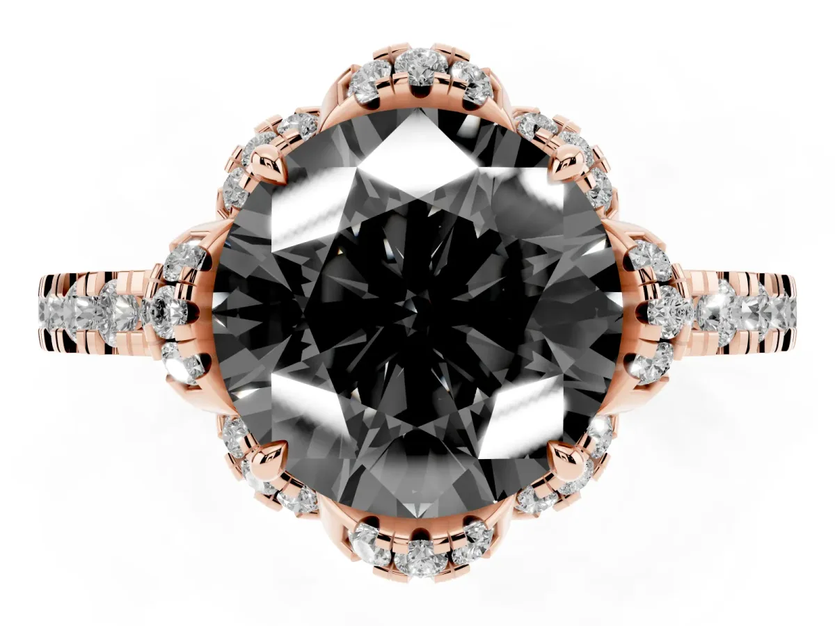 Fancy Black Round Cut Diamond Halo Pave Band with Four-Prong Setting Rose gold