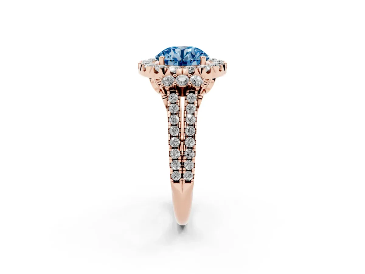 Fancy Blue Round Cut Cut Double Halo Diamond Engagement Ring with Pave Band and Four-Prong Setting Rose gold