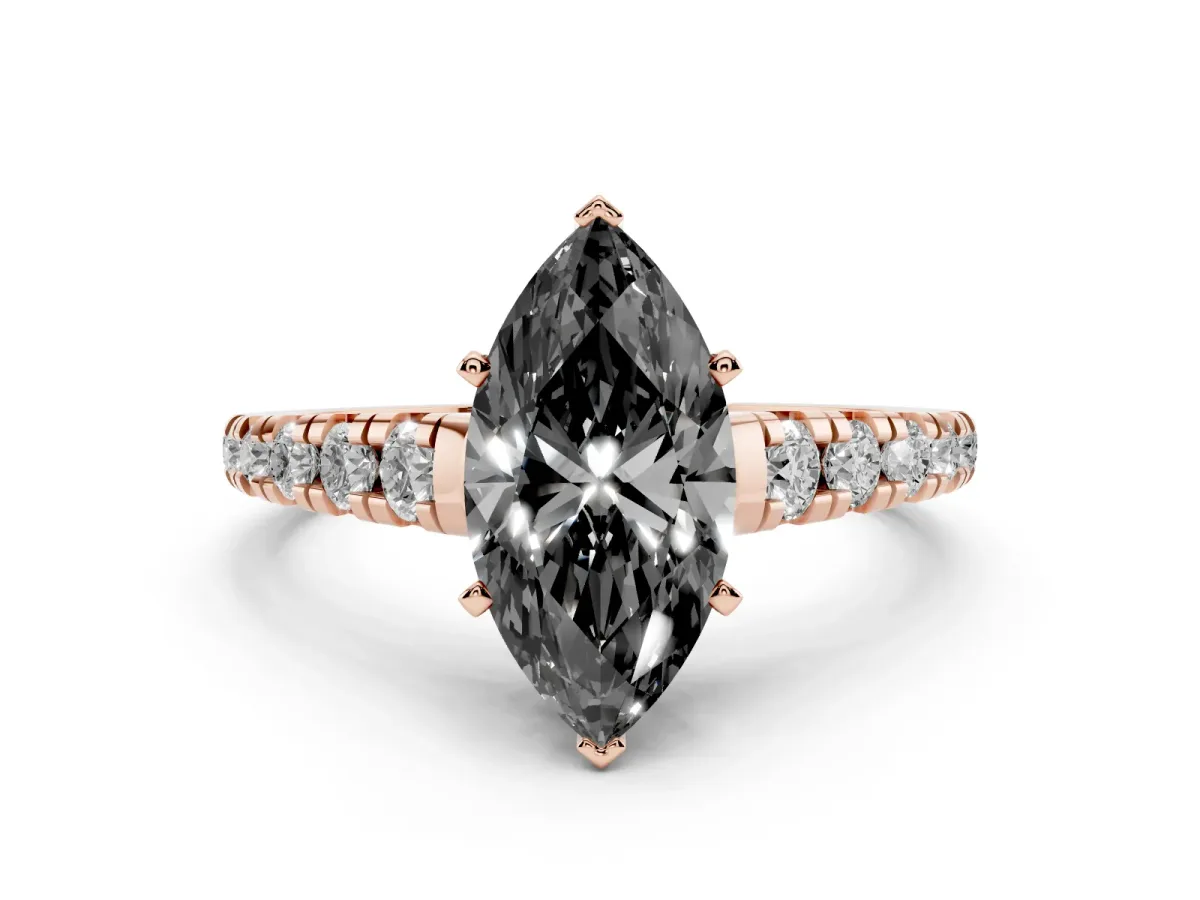 Fancy Black Marquise Cut Diamond Cathedral Solitaire Ring with Round Pavé Band Rose gold