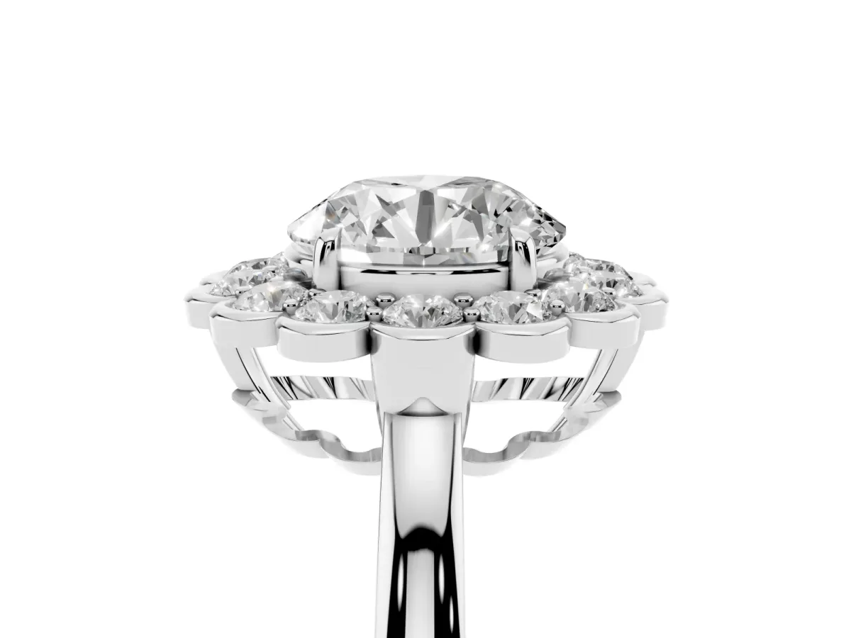 Round Cut Halo Cluster Diamond Engagement Ring with Solitaire Band and Prong Setting Silver