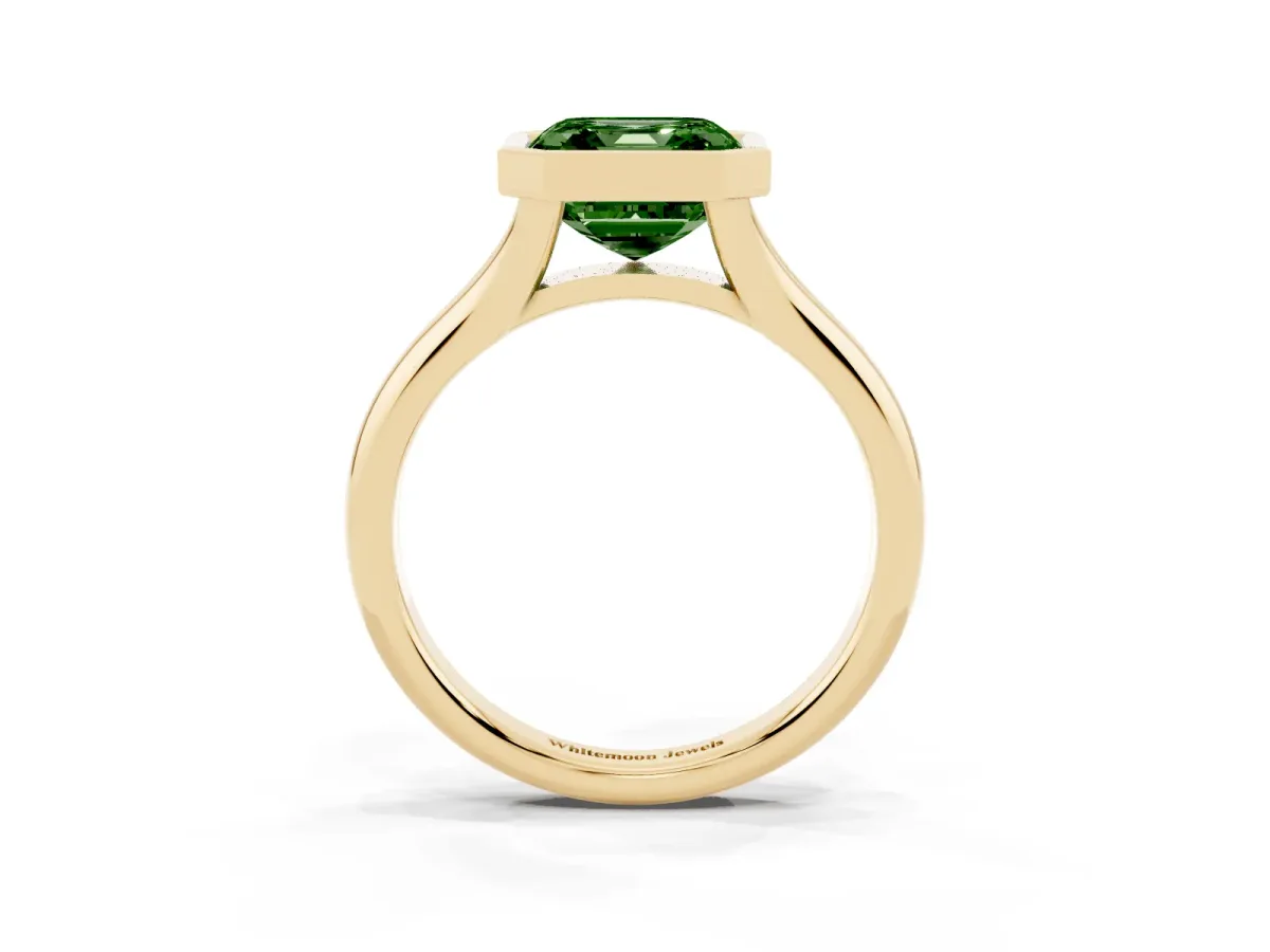 Fancy Green Bezel Set Asscher Cut Solitaire Diamond Ring with Smooth Band Yellow gold