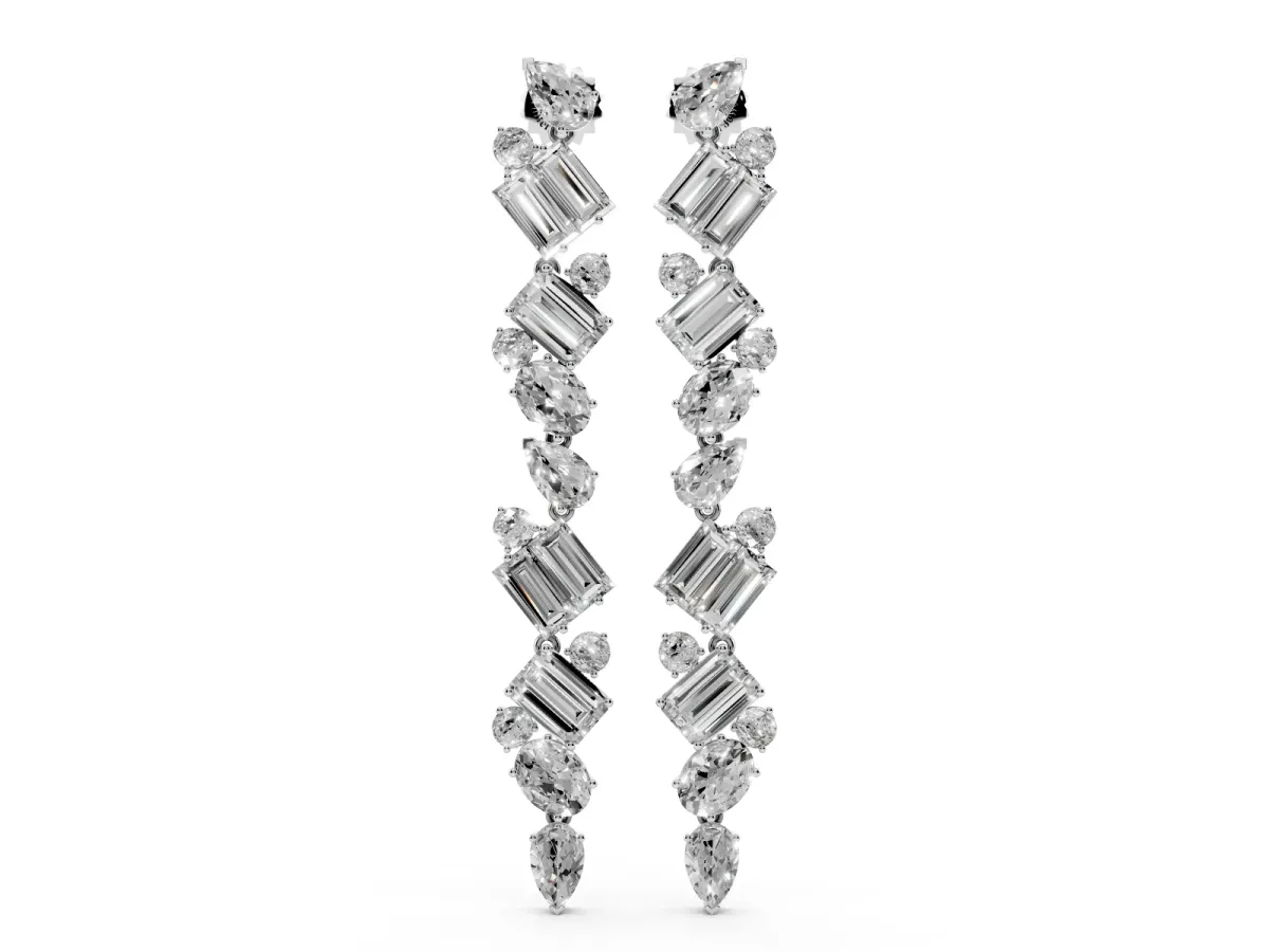 Pear, Emerald, and Round Diamond Linear Drop Earrings Platinum