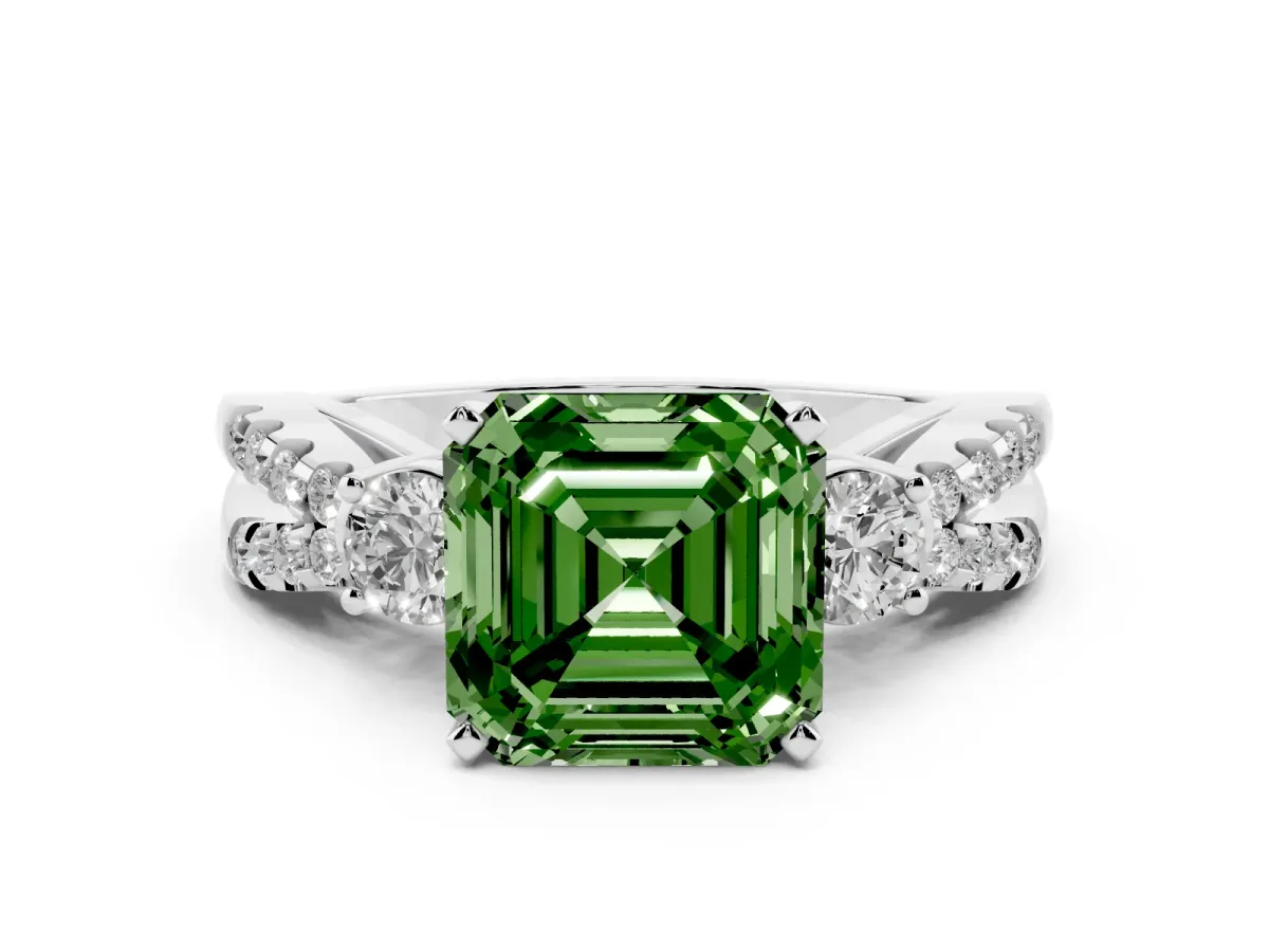 Fancy Green Asscher Cut Diamond Three-Stone Ring with Pavé Split Shank and Four-Prong Setting Platinum