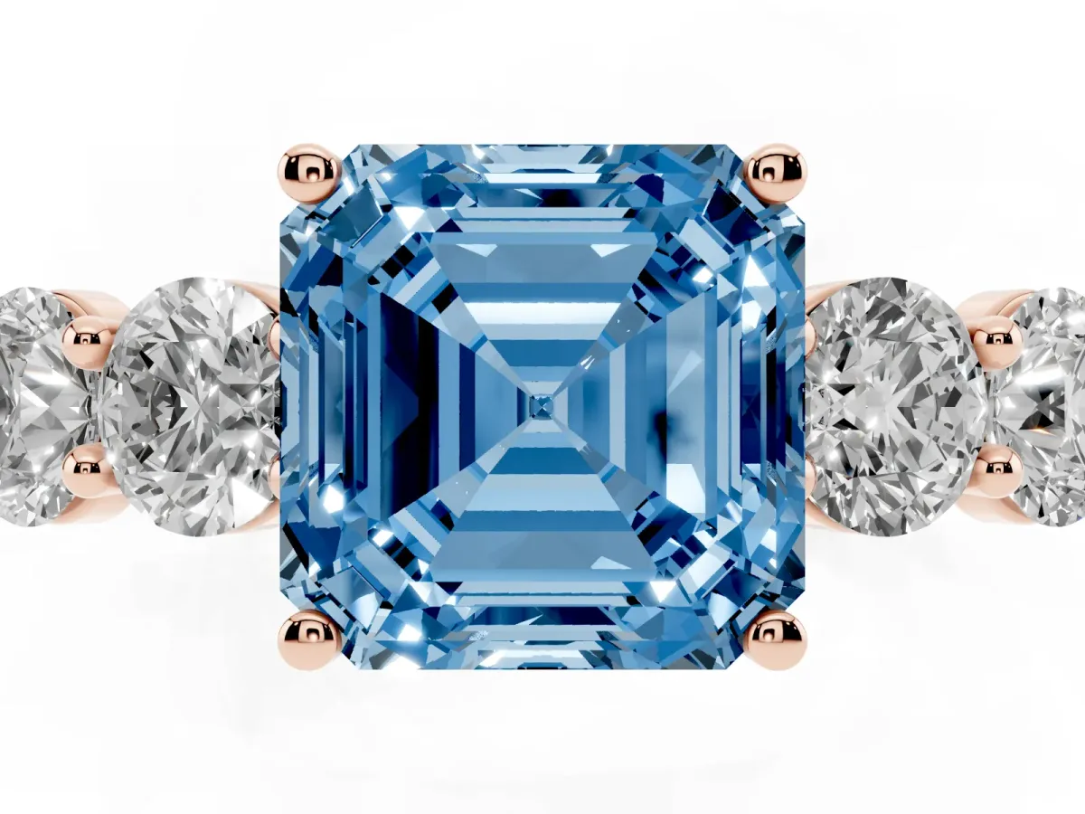 Fancy Blue Asscher Cut Cut Five-Stone Prong Set Diamond Ring with Classic Band Rose gold