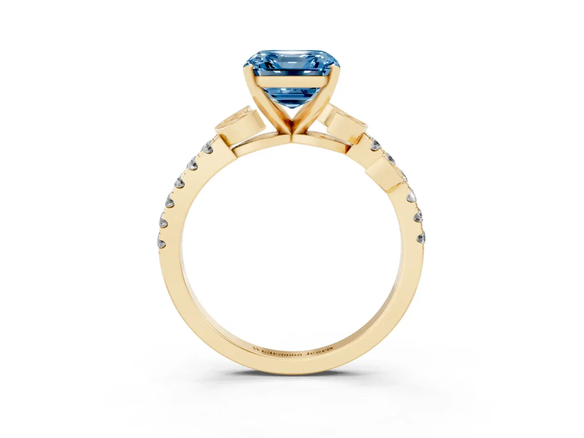 Fancy Blue Asscher Cut Solitaire Leaf-Inspired Diamond Ring with Pavé Band and Four-Prong Setting Yellow gold