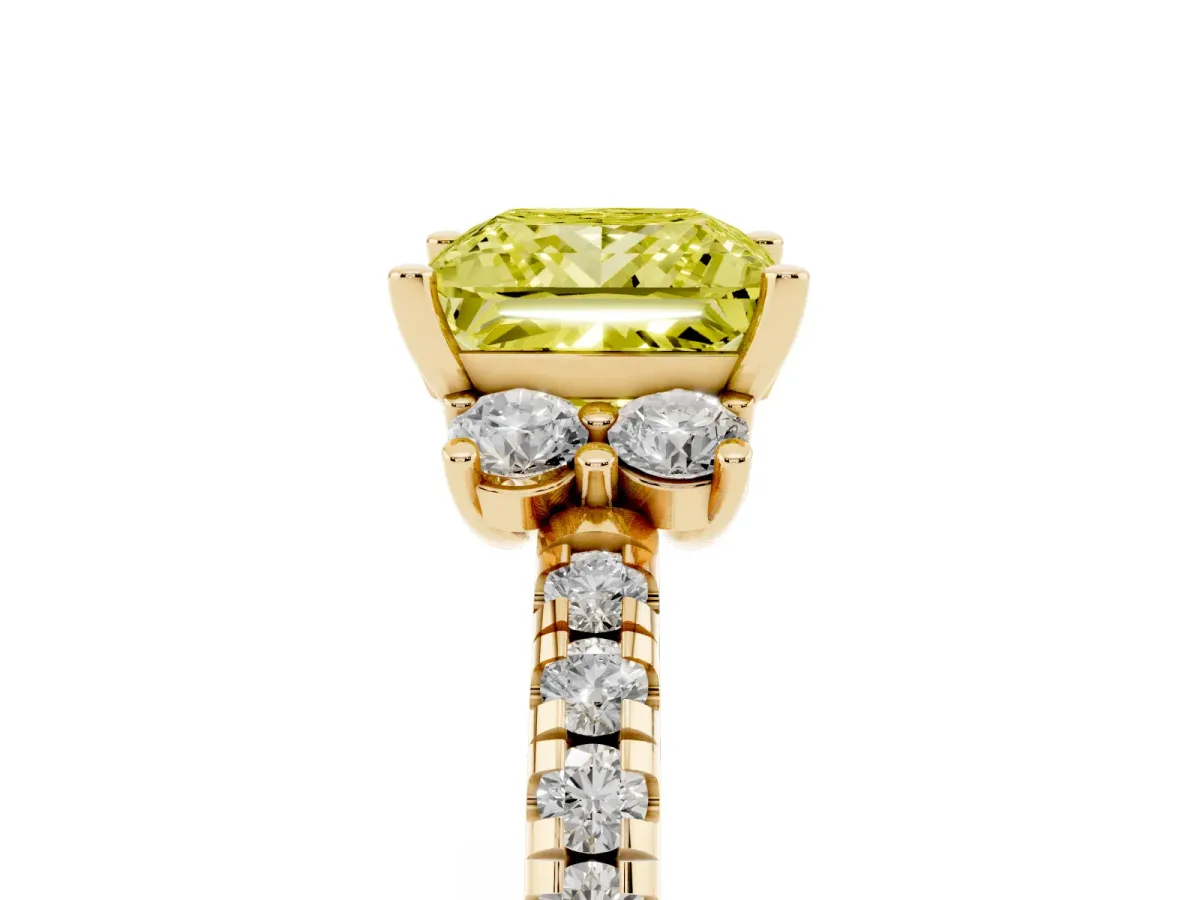 Fancy Yellow Princess Cut Diamond Three-Stone Pave Band with Four-Prong Setting Yellow gold