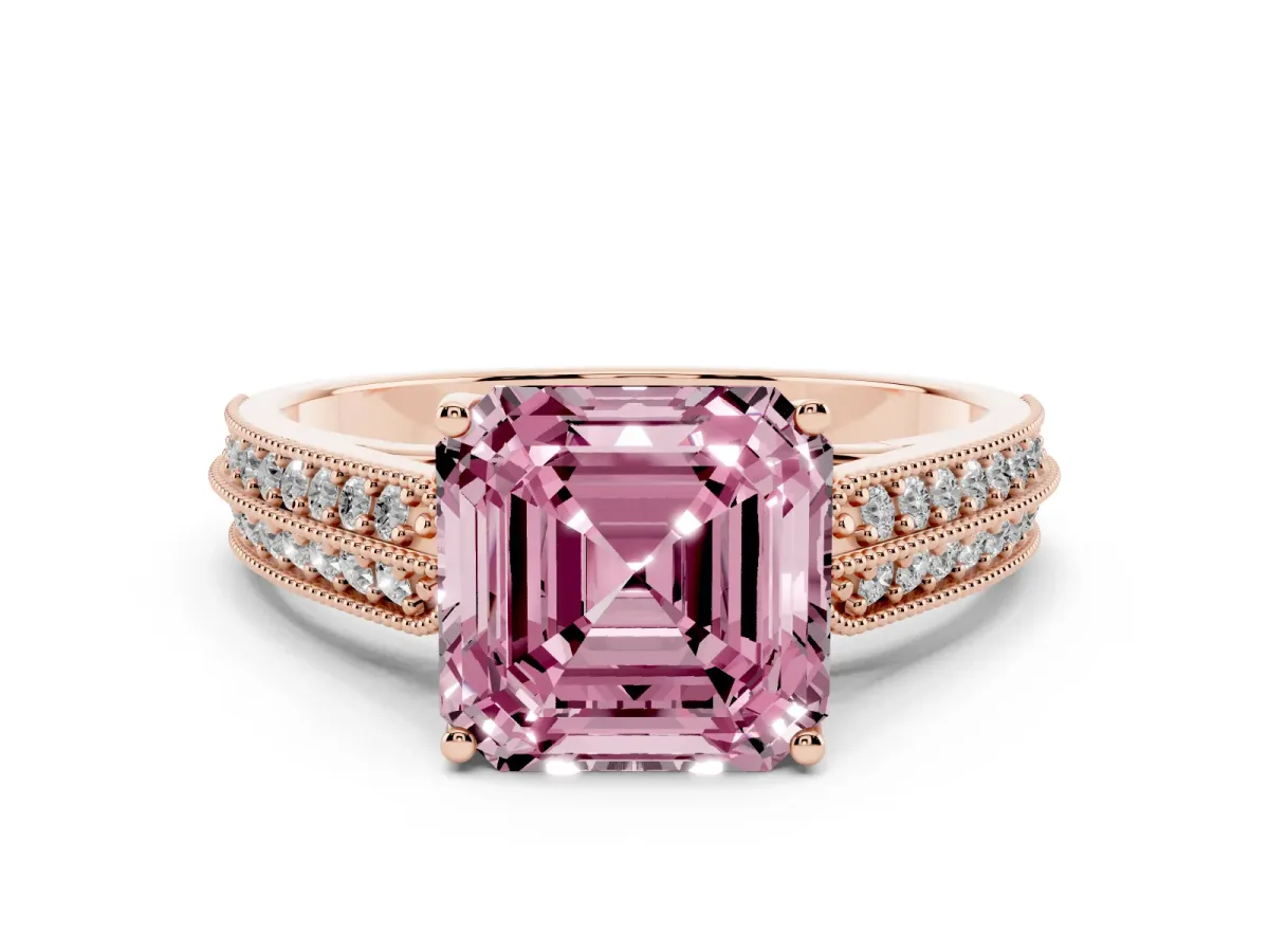 Fancy Pink Asscher Cut Cut Pave Split Shank Engagement Ring with Four-Prong Setting Rose gold