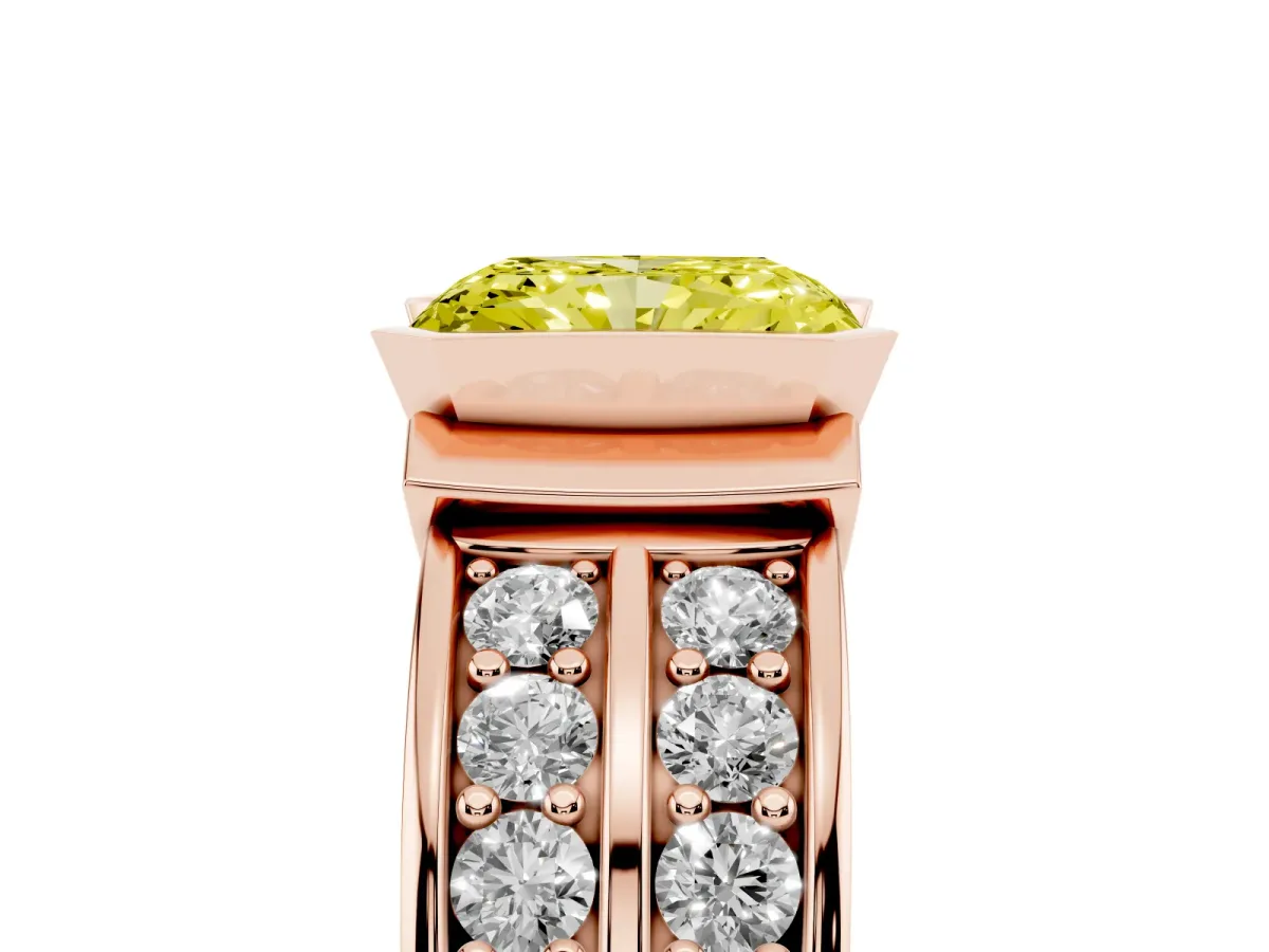 Fancy Yellow Radiant Cut Brilliant Diamond Channel Set Wide Band Ring with Bezel Setting Rose gold