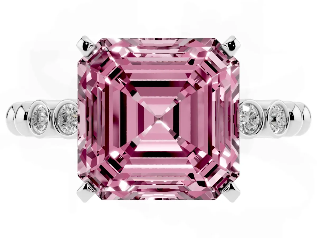 Fancy Pink Asscher Cut Solitaire Bezel Accent Diamond Engagement Ring with Beaded Band and Four-Prong Setting White gold