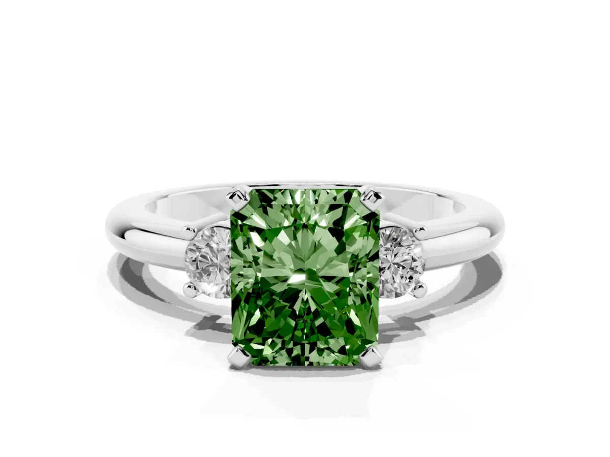 Fancy Green Three-Stone Radiant Cut Cut Diamond Solitaire with Prong Setting and Classic Band Platinum
